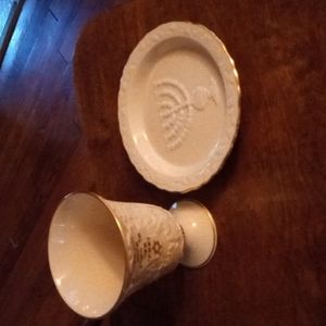 1 Lenox Judaica Collection Elijah Cup and 1 Raised Menorah Plate. 24k Gold.